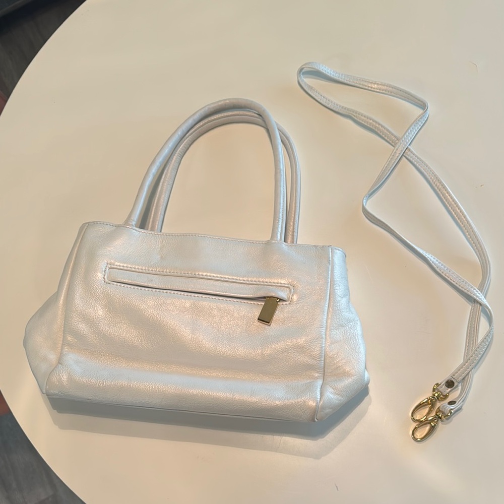 Chic Iridescent White Shoulder Bag with Gold Accents and Long Strap